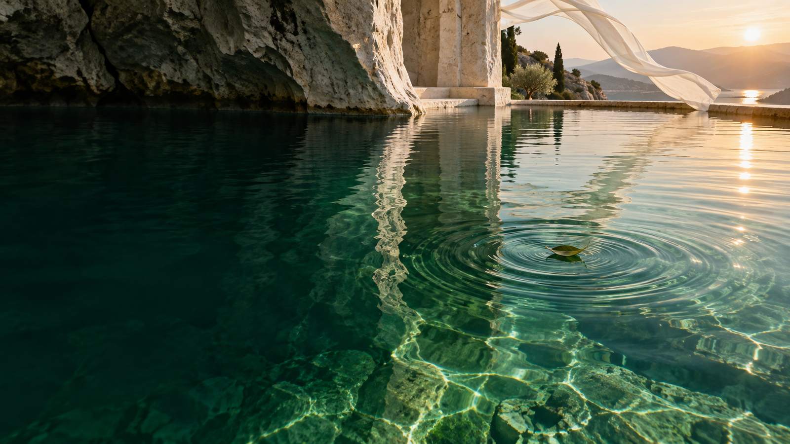 Emerald mineral pool with a natural ripple and limestone architecture at dawn